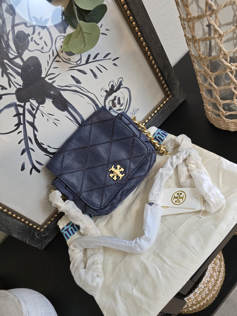 Tory Burch Navy Quilted Lysa Mini Crossbody Bag Gold Chain Strap Turn Lock NWT